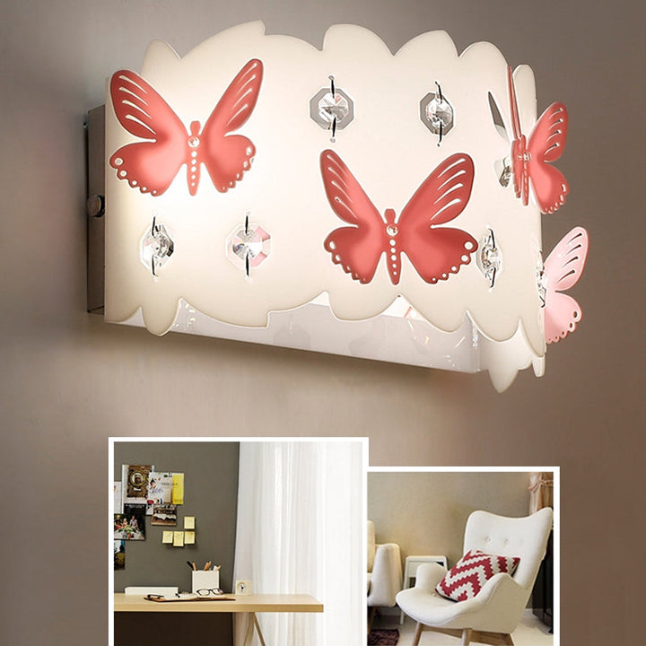 Skørter | Girls Bedroom Wall Light with Etched Pink Butterfly Metal Romantic White Wall Light