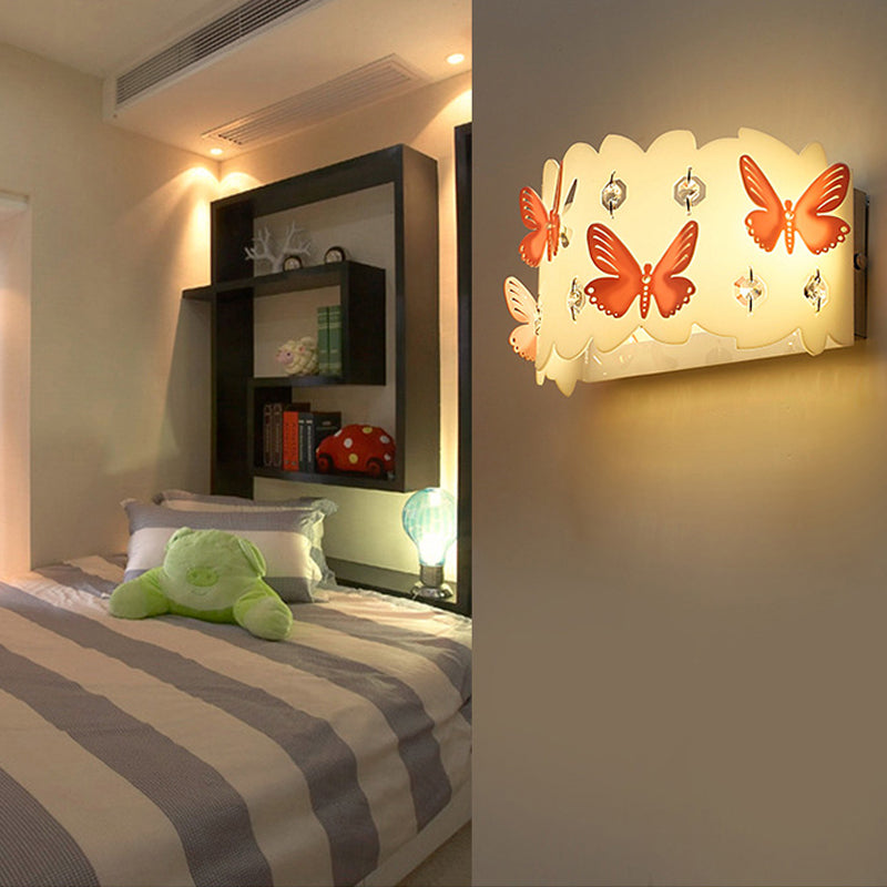 Skørter | Girls Bedroom Wall Light with Etched Pink Butterfly Metal Romantic White Wall Light