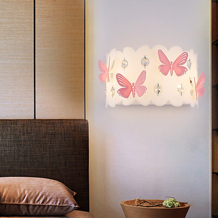Skørter | Girls Bedroom Wall Light with Etched Pink Butterfly Metal Romantic White Wall Light