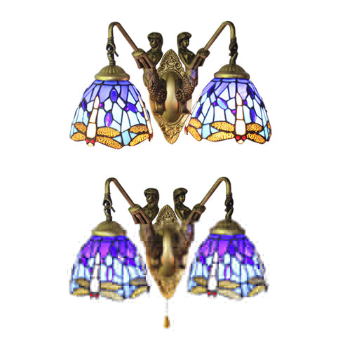 Lisslune | Blue Glass Dragonfly Wall Lamp Tiffany 2 Heads Brass Wall Lamp with/without Pull Chain