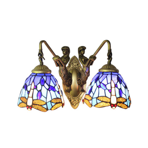 Lisslune | Blue Glass Dragonfly Wall Lamp Tiffany 2 Heads Brass Wall Lamp with/without Pull Chain