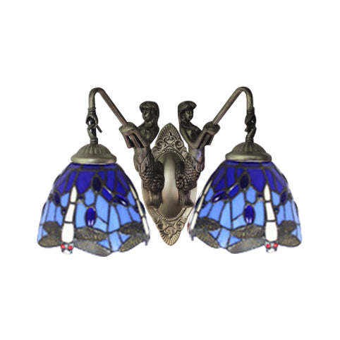 Lisslune | Blue Glass Dragonfly Wall Lamp Tiffany 2 Heads Brass Wall Lamp with/without Pull Chain