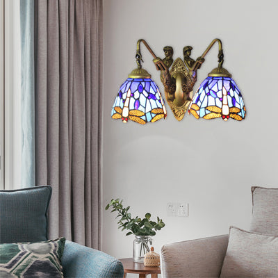 Lisslune | Blue Glass Dragonfly Wall Lamp Tiffany 2 Heads Brass Wall Lamp with/without Pull Chain