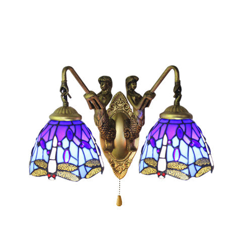Lisslune | Blue Glass Dragonfly Wall Lamp Tiffany 2 Heads Brass Wall Lamp with/without Pull Chain