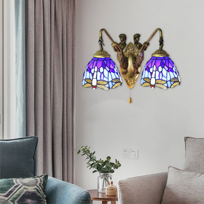 Lisslune | Blue Glass Dragonfly Wall Lamp Tiffany 2 Heads Brass Wall Lamp with/without Pull Chain