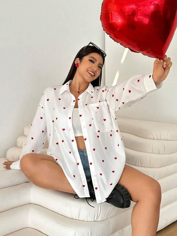Lisslune | Casual cotton blouse with embroidered hearts for women