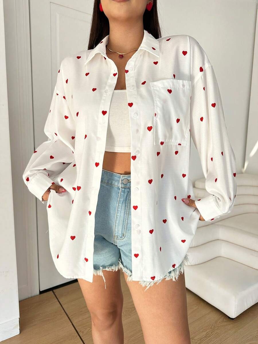 Lisslune | Casual cotton blouse with embroidered hearts for women