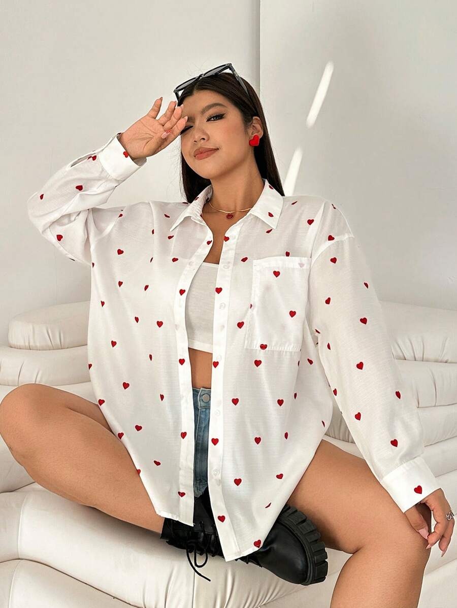 Lisslune | Casual cotton blouse with embroidered hearts for women