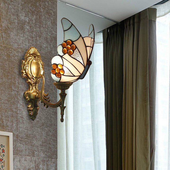 Lisslune | Blue butterfly wall lamp in lodge style with art glass 1 light wall lamp for the kitchen