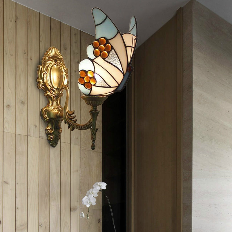 Lisslune | Blue butterfly wall lamp in lodge style with art glass 1 light wall lamp for the kitchen