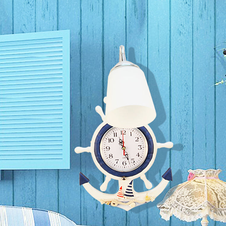 Skørter | Glass Bell Wall Lamp with Anchor Clock 1 Light Mediterranean Wall Lamp in White for Hotel