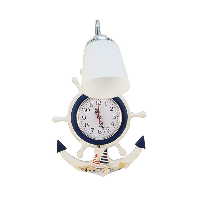 Skørter | Glass Bell Wall Lamp with Anchor Clock 1 Light Mediterranean Wall Lamp in White for Hotel