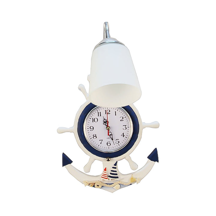 Skørter | Glass Bell Wall Lamp with Anchor Clock 1 Light Mediterranean Wall Lamp in White for Hotel