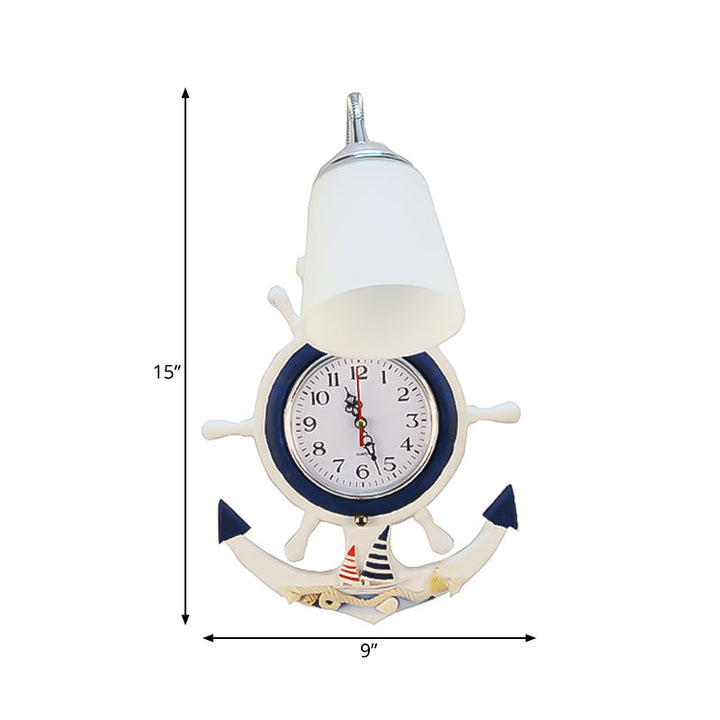 Skørter | Glass Bell Wall Lamp with Anchor Clock 1 Light Mediterranean Wall Lamp in White for Hotel
