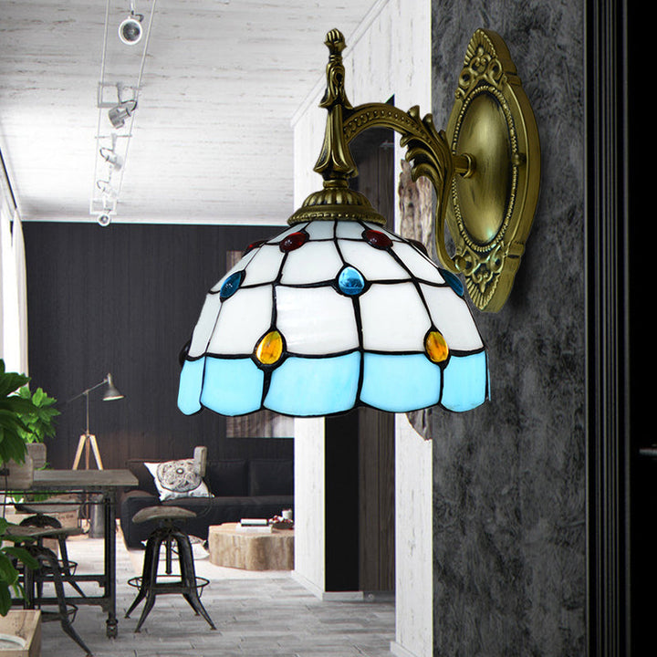 Lisslune | Stained Glass Dome Wall Light Fixture with Colorful Beaded Tiffany 1 Head Wall Light in Pink/Orange/Green/Blue