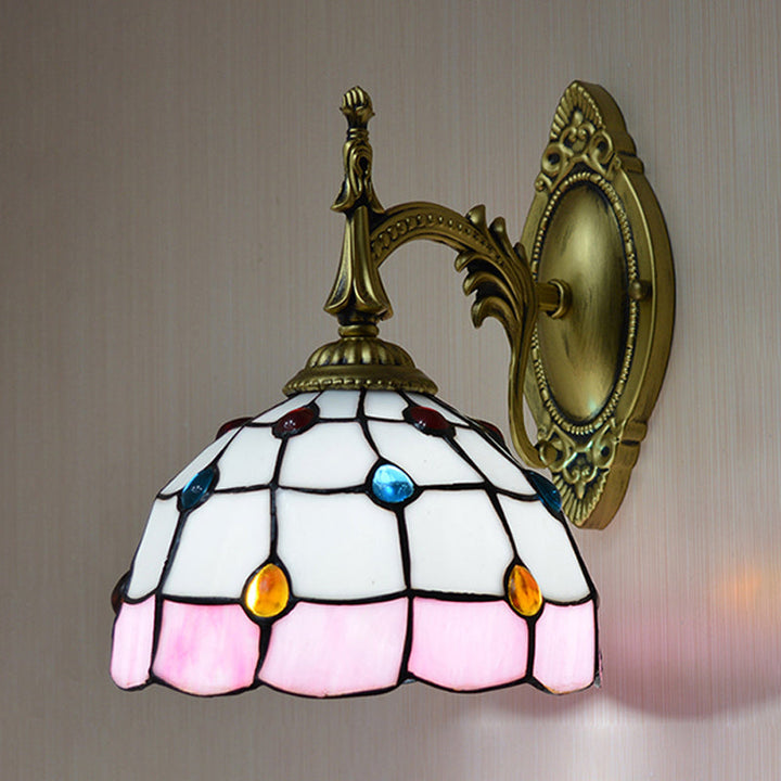 Lisslune | Stained Glass Dome Wall Light Fixture with Colorful Beaded Tiffany 1 Head Wall Light in Pink/Orange/Green/Blue