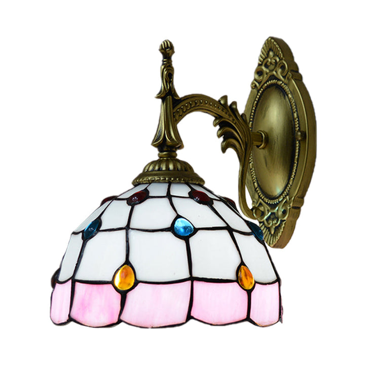 Lisslune | Stained Glass Dome Wall Light Fixture with Colorful Beaded Tiffany 1 Head Wall Light in Pink/Orange/Green/Blue