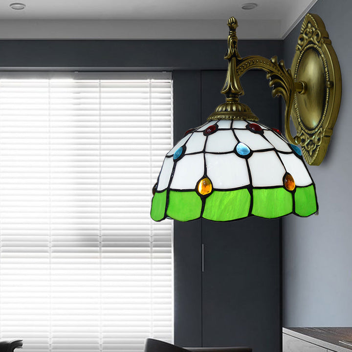 Lisslune | Stained Glass Dome Wall Light Fixture with Colorful Beaded Tiffany 1 Head Wall Light in Pink/Orange/Green/Blue