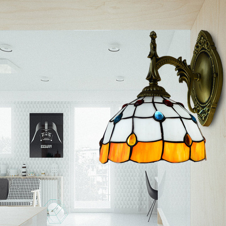 Lisslune | Stained Glass Dome Wall Light Fixture with Colorful Beaded Tiffany 1 Head Wall Light in Pink/Orange/Green/Blue