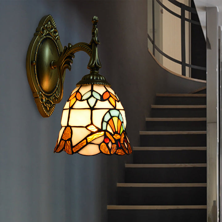 Lisslune | Stained Glass Bell Wall Lamp Baroque Style 1 Light Wall Fixture for Bedside
