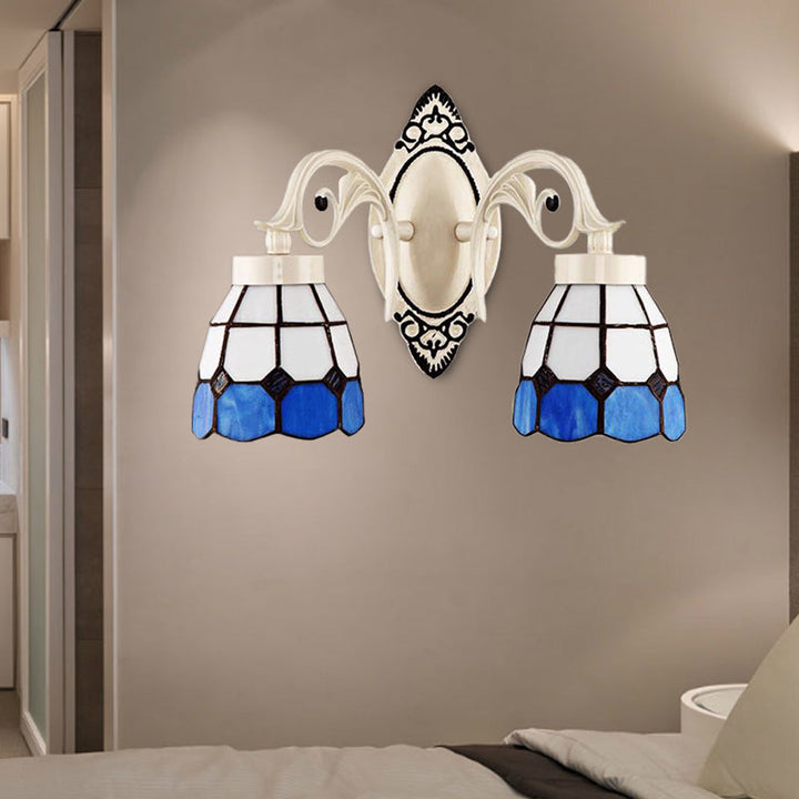 Lisslune | Bowl Shade Bedroom Wall Lamp Stained Glass 2 Lights Tiffany Style Wall Light in White