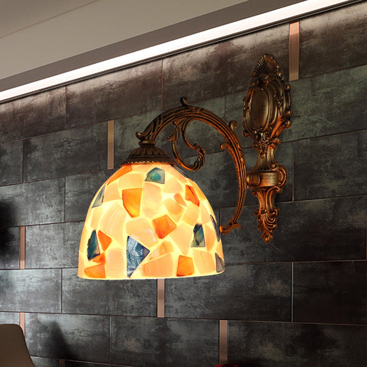 Lisslune | 1 Light Wall Light with Beige/White-Grey/Yellow-Blue Shade Tiffany Mosaic Shell Wall Light made of Brass for the Bedroom