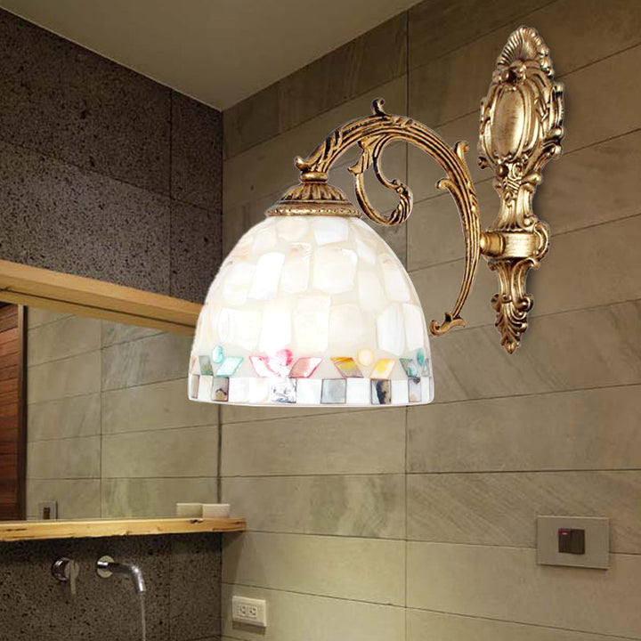 Lisslune | 1 Light Wall Light with Beige/White-Grey/Yellow-Blue Shade Tiffany Mosaic Shell Wall Light made of Brass for the Bedroom