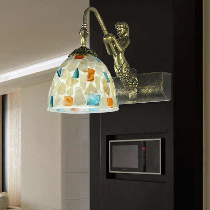 Lisslune | Bowl Wall Lamp Fixture Tiffany Shell 1 Head White Sconce Lamp Fixture with Mermaid Back Plate