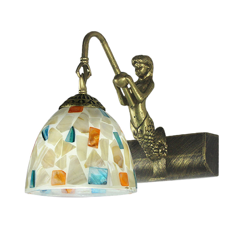 Lisslune | Bowl Wall Lamp Fixture Tiffany Shell 1 Head White Sconce Lamp Fixture with Mermaid Back Plate