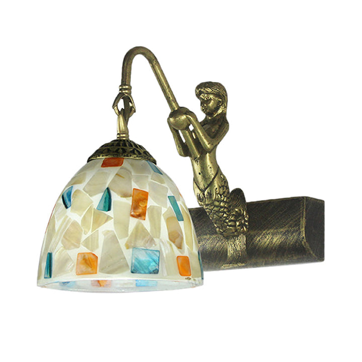 Lisslune | Bowl Wall Lamp Fixture Tiffany Shell 1 Head White Sconce Lamp Fixture with Mermaid Back Plate