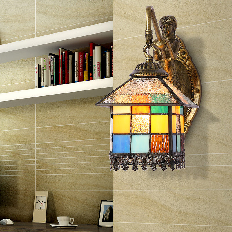 Skørter | Brass House Wall Sconce Light Tiffany 1 Head Multicolor Stained Glass Wall Lamp