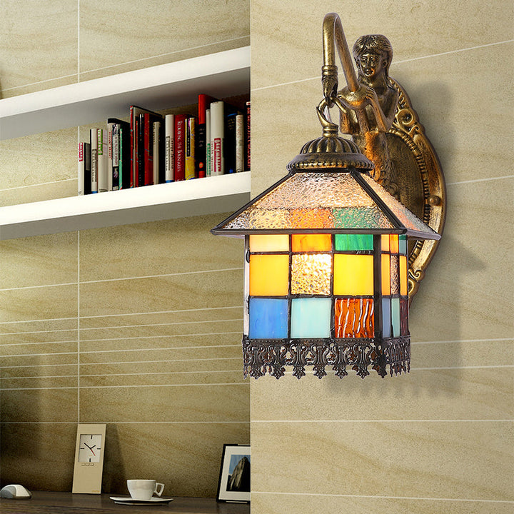 Skørter | Brass House Wall Sconce Light Tiffany 1 Head Multicolor Stained Glass Wall Lamp