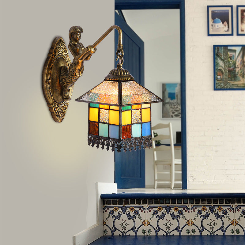 Skørter | Brass House Wall Sconce Light Tiffany 1 Head Multicolor Stained Glass Wall Lamp
