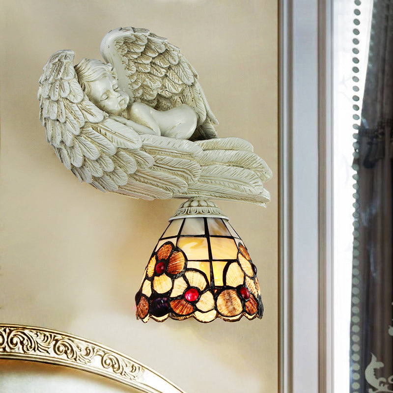 Lisslune | Shell Floral Wall Lamp with Sleeping Angel to the Right/Left Rustic Loft 1 Main Wall Lighting for Living Room