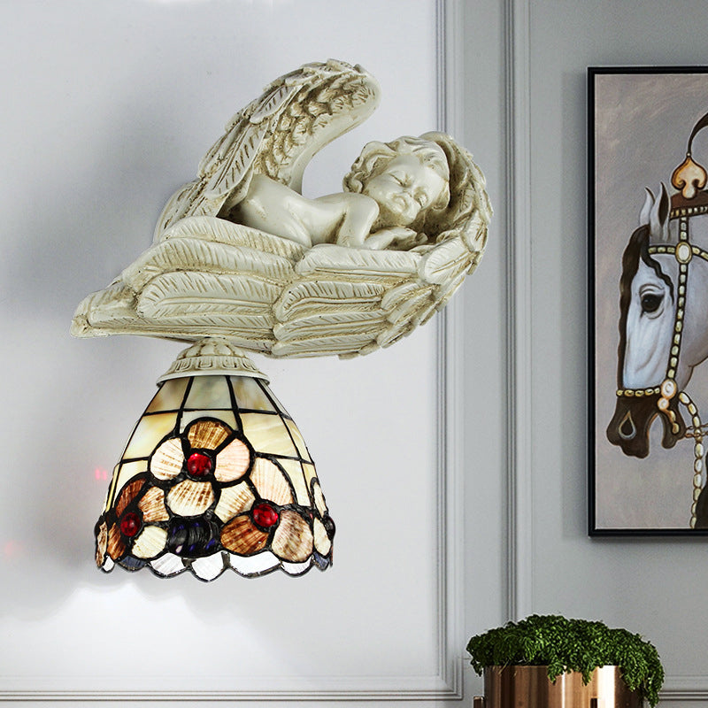Lisslune | Shell Floral Wall Lamp with Sleeping Angel to the Right/Left Rustic Loft 1 Main Wall Lighting for Living Room