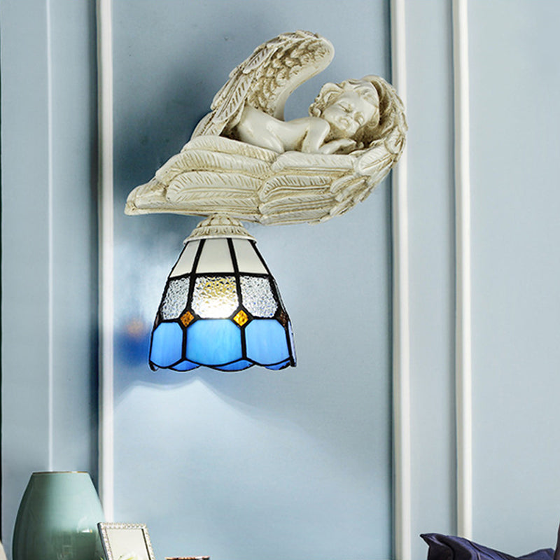 Lisslune | Stained Glass Dome Wall Light with Resin Angel Loft Tiffany 1 Light Concealed Lamp in White/Clear
