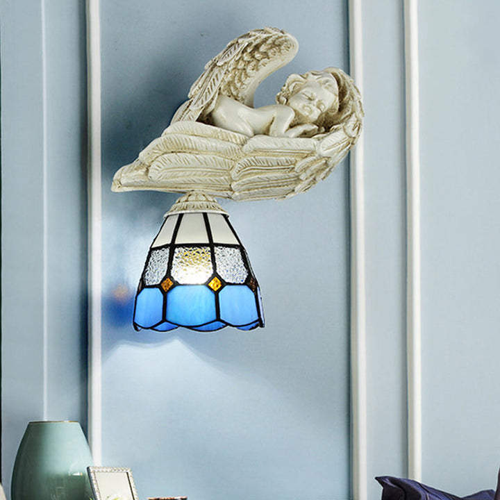 Lisslune | Stained Glass Dome Wall Light with Resin Angel Loft Tiffany 1 Light Concealed Lamp in White/Clear