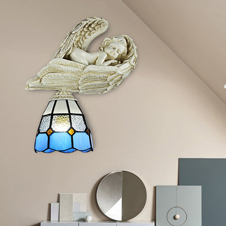 Lisslune | Stained Glass Dome Wall Light with Resin Angel Loft Tiffany 1 Light Concealed Lamp in White/Clear