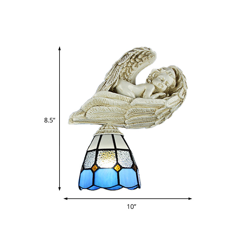 Lisslune | Stained Glass Dome Wall Light with Resin Angel Loft Tiffany 1 Light Concealed Lamp in White/Clear