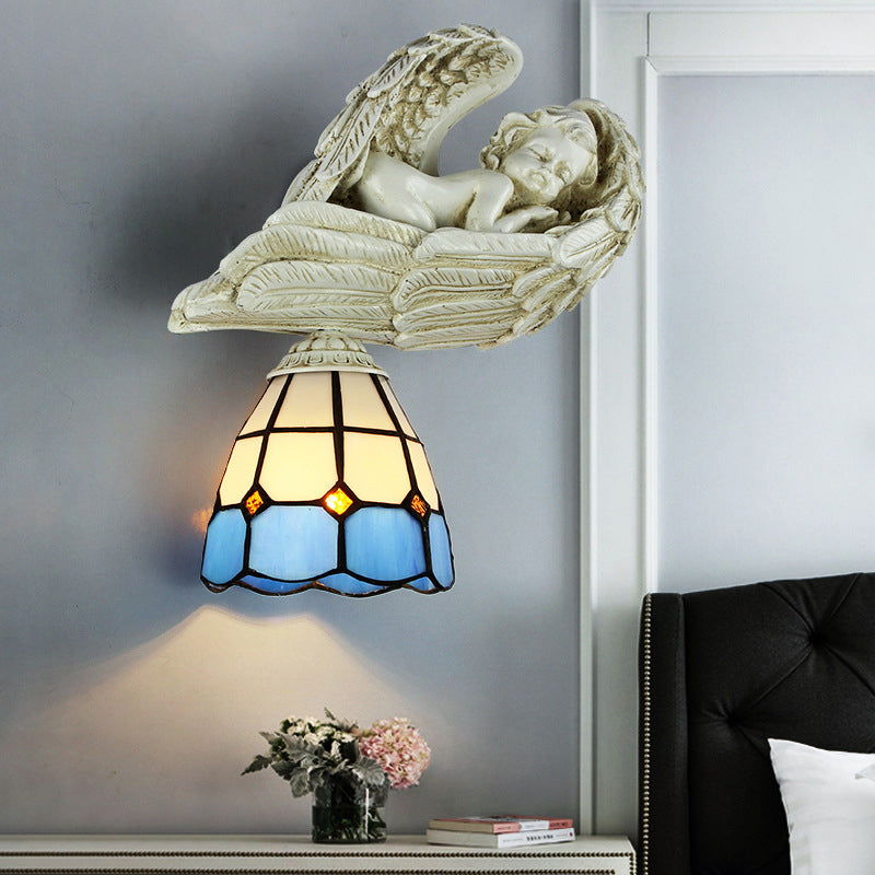 Lisslune | Stained Glass Dome Wall Light with Resin Angel Loft Tiffany 1 Light Concealed Lamp in White/Clear