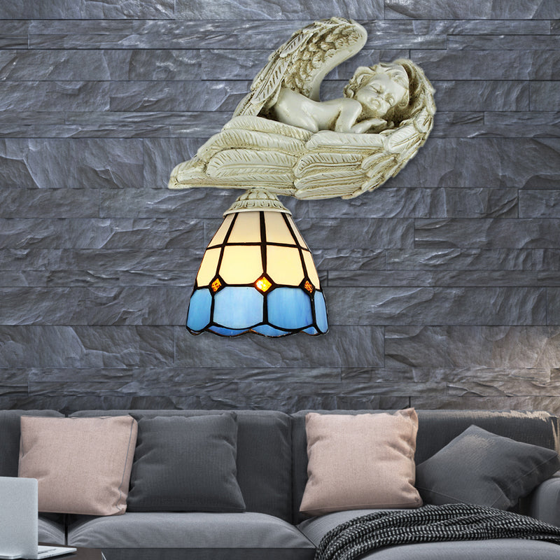 Lisslune | Stained Glass Dome Wall Light with Resin Angel Loft Tiffany 1 Light Concealed Lamp in White/Clear