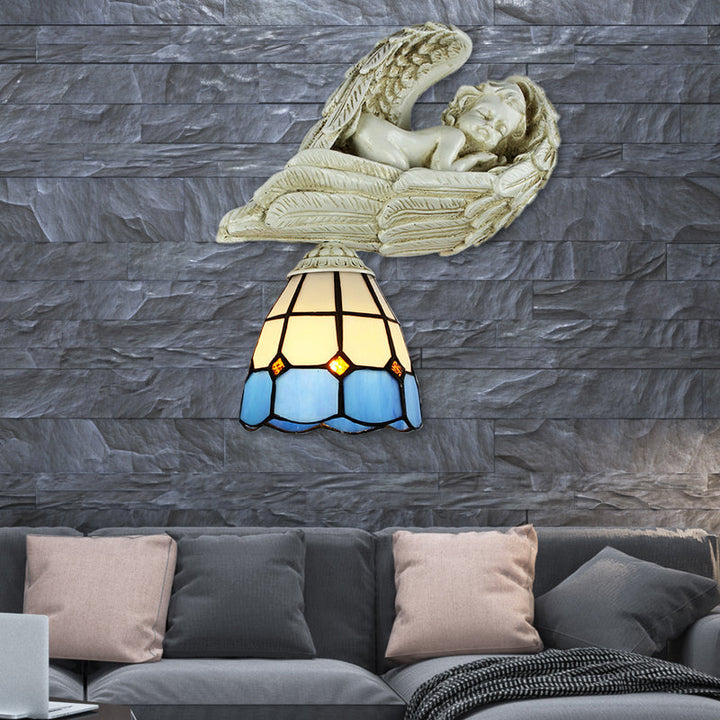 Lisslune | Stained Glass Dome Wall Light with Resin Angel Loft Tiffany 1 Light Concealed Lamp in White/Clear