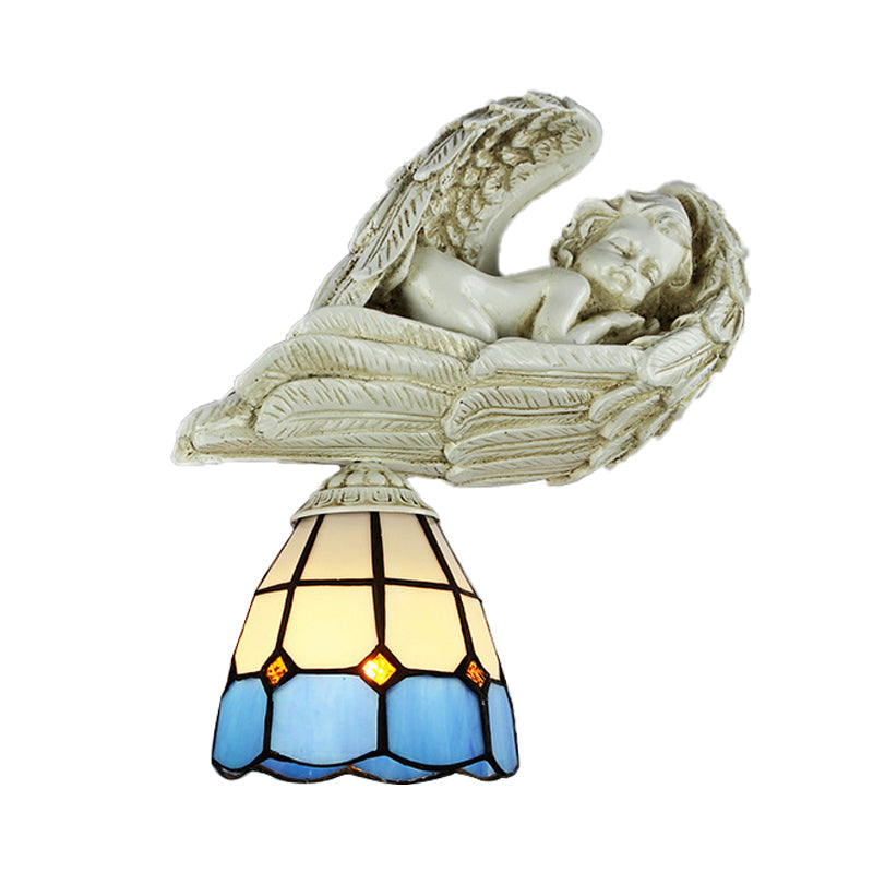 Lisslune | Stained Glass Dome Wall Light with Resin Angel Loft Tiffany 1 Light Concealed Lamp in White/Clear
