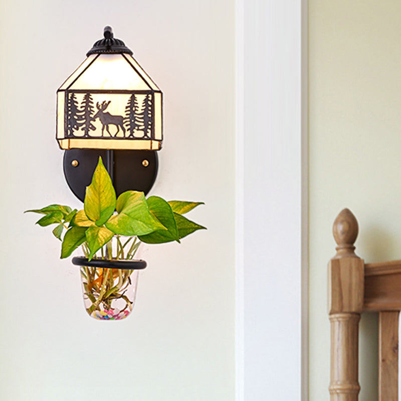 Lisslune | Glass in Lead House Wall Mount Light Tiffany 1 Head Clear/Beige Wall Lamp with Plant Decoration