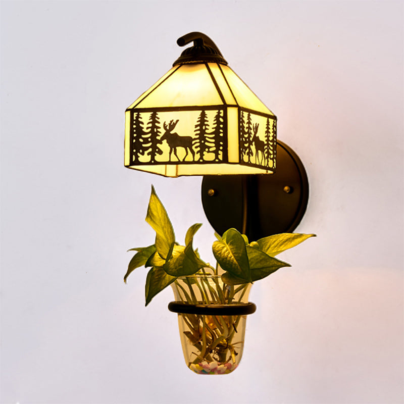 Lisslune | Glass in Lead House Wall Mount Light Tiffany 1 Head Clear/Beige Wall Lamp with Plant Decoration
