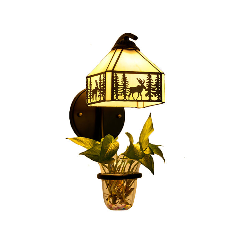 Lisslune | Glass in Lead House Wall Mount Light Tiffany 1 Head Clear/Beige Wall Lamp with Plant Decoration