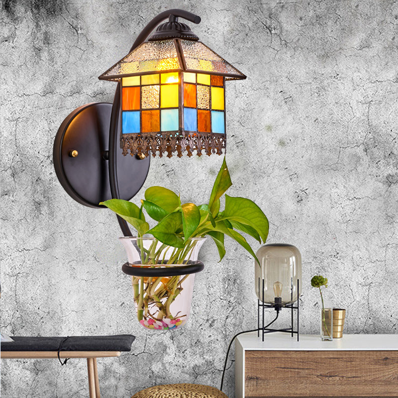 Lisslune | Glass in Lead House Wall Mount Light Tiffany 1 Head Clear/Beige Wall Lamp with Plant Decoration