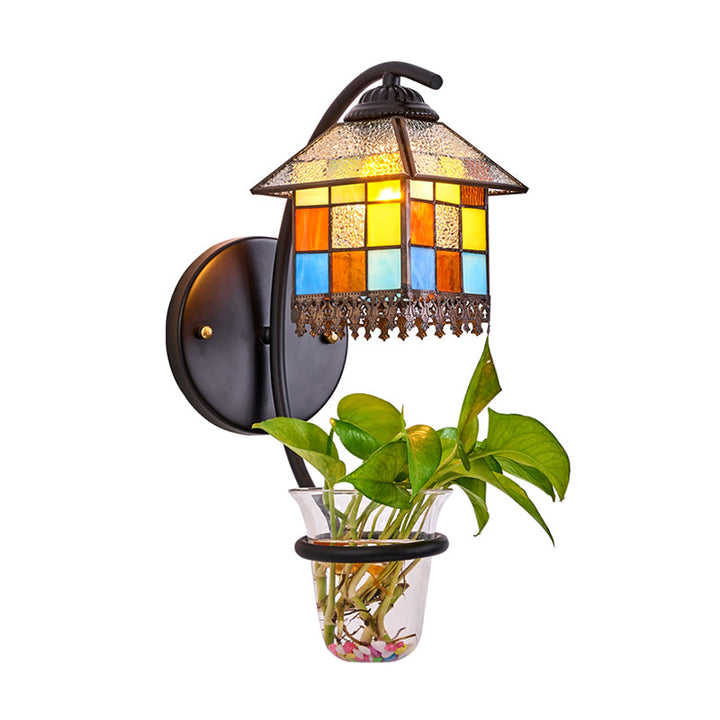 Lisslune | Glass in Lead House Wall Mount Light Tiffany 1 Head Clear/Beige Wall Lamp with Plant Decoration