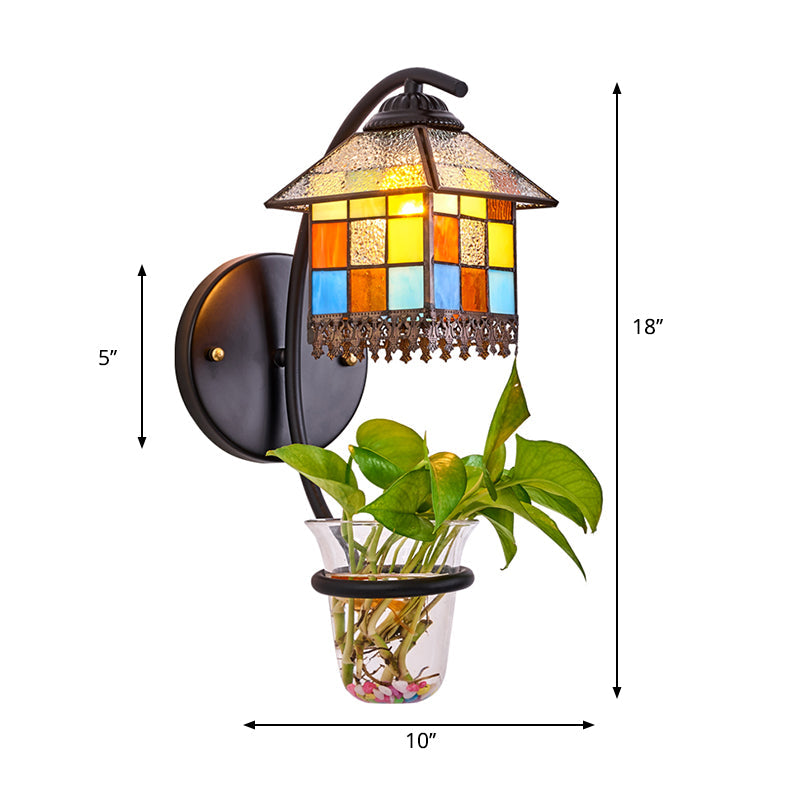 Lisslune | Glass in Lead House Wall Mount Light Tiffany 1 Head Clear/Beige Wall Lamp with Plant Decoration