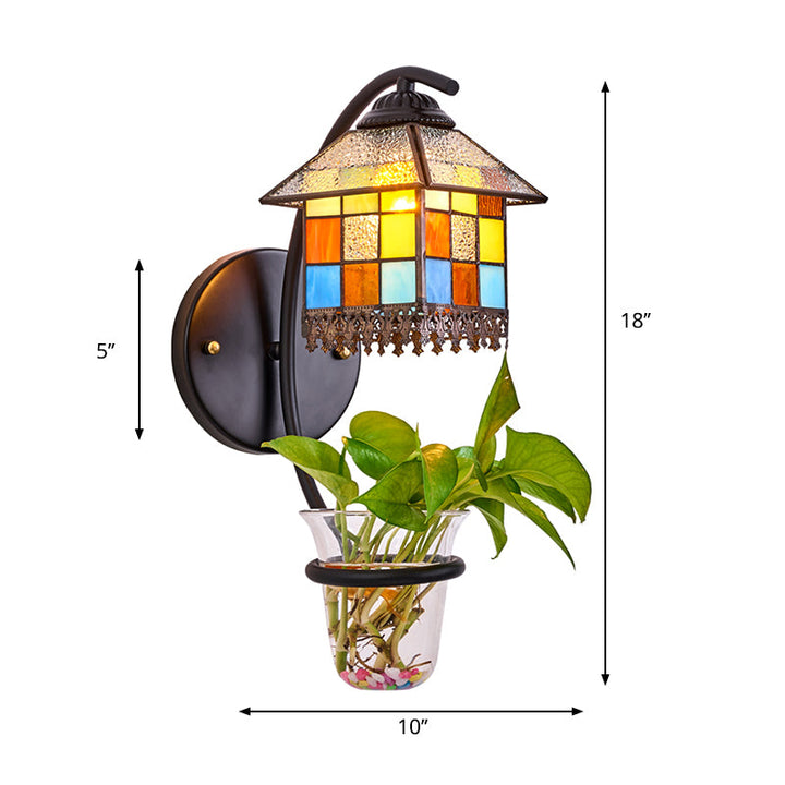 Lisslune | Glass in Lead House Wall Mount Light Tiffany 1 Head Clear/Beige Wall Lamp with Plant Decoration